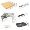 HAWOK 7 Piece Bamboo Camping Box Set, 12.8"L x 10.6"W x1.8"H, Portable Folding Campfire Stove with Cast Iron Plate